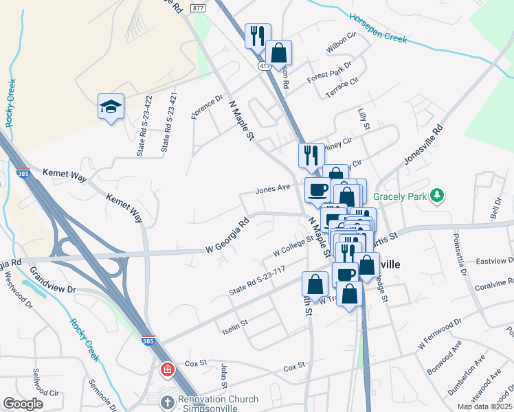 map of restaurants, bars, coffee shops, grocery stores, and more near 202 West Georgia Road in Simpsonville