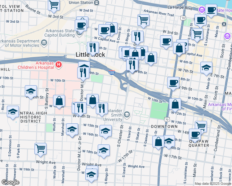 map of restaurants, bars, coffee shops, grocery stores, and more near 1020 South Ringo Street in Little Rock