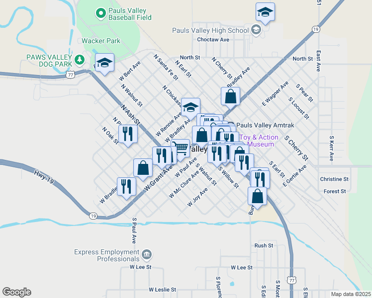 map of restaurants, bars, coffee shops, grocery stores, and more near in Pauls Valley