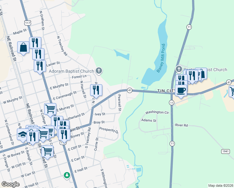 map of restaurants, bars, coffee shops, grocery stores, and more near 109 Pearsail Street in Wallace