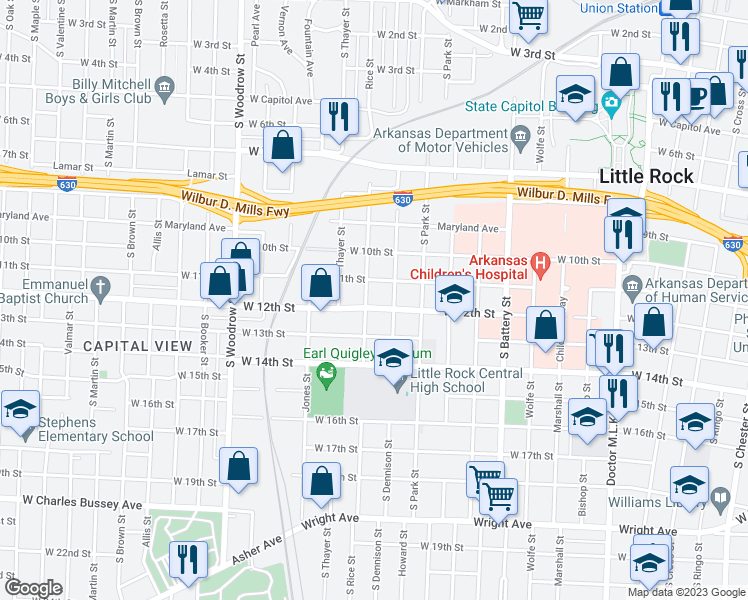 map of restaurants, bars, coffee shops, grocery stores, and more near 1119 Rice Street in Little Rock