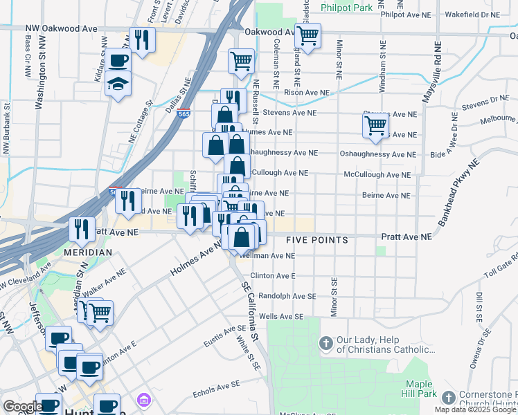 map of restaurants, bars, coffee shops, grocery stores, and more near 801 Ward Avenue Northeast in Huntsville