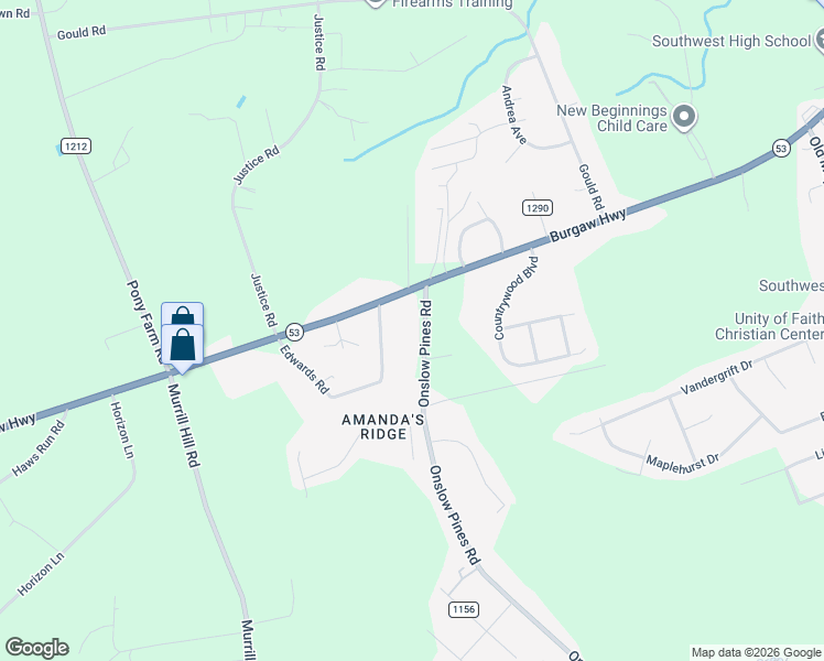 map of restaurants, bars, coffee shops, grocery stores, and more near 1517 Onslow Pines Road in Jacksonville
