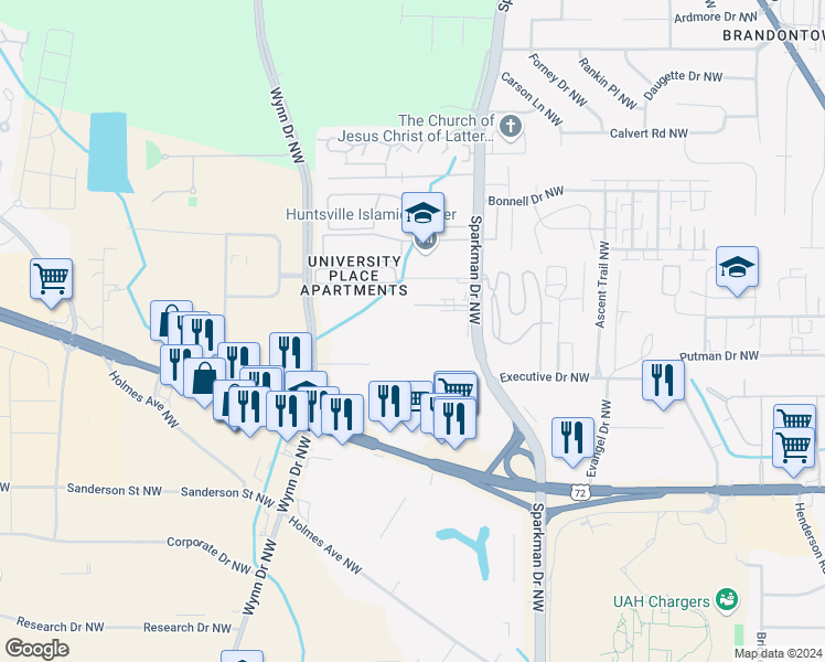 map of restaurants, bars, coffee shops, grocery stores, and more near 1505 Sparkman Drive Northwest in Huntsville