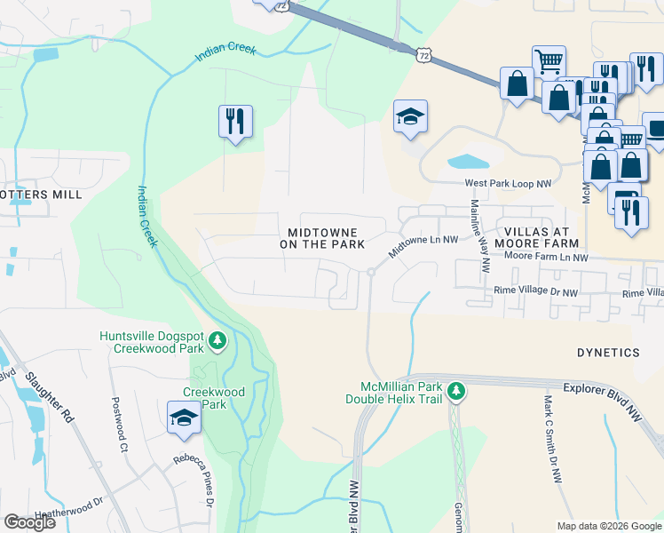 map of restaurants, bars, coffee shops, grocery stores, and more near 1103 Water Park Way Northwest in Huntsville