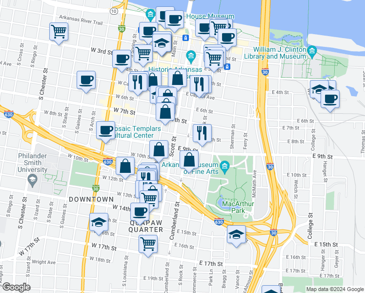 map of restaurants, bars, coffee shops, grocery stores, and more near 822 Cumberland Street in Little Rock