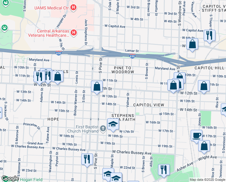 map of restaurants, bars, coffee shops, grocery stores, and more near 1212 South Valentine Street in Little Rock