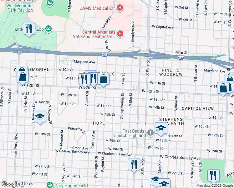 map of restaurants, bars, coffee shops, grocery stores, and more near 1200 Bishop Warren Drive in Little Rock