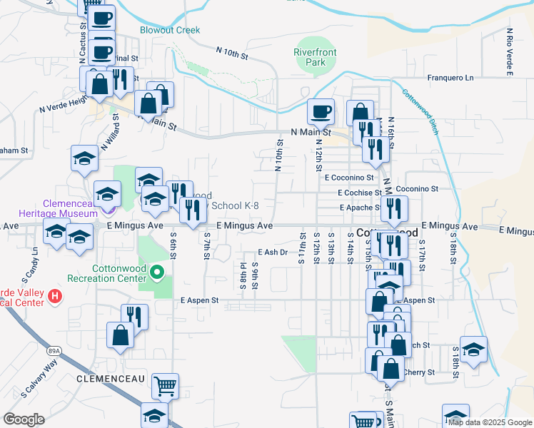 map of restaurants, bars, coffee shops, grocery stores, and more near 16 N 10th St in Cottonwood