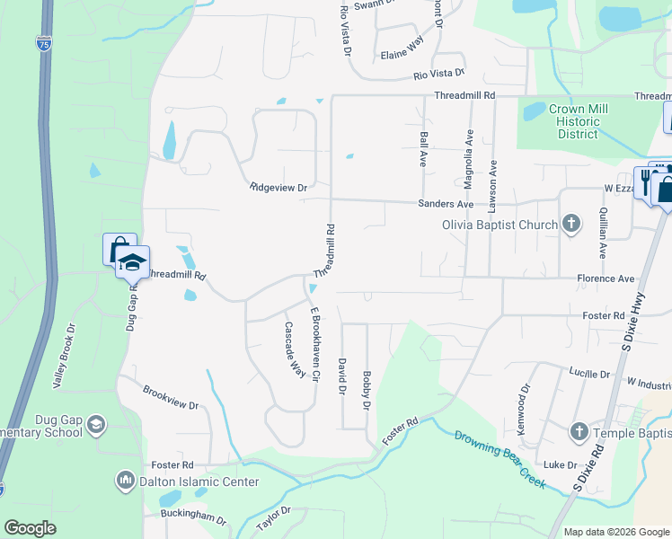 map of restaurants, bars, coffee shops, grocery stores, and more near 1575 Threadmill Road in Dalton