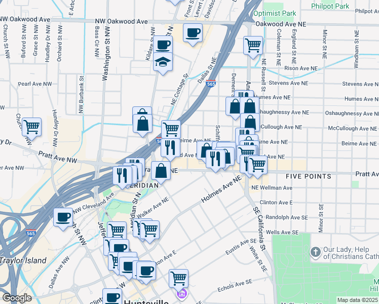 map of restaurants, bars, coffee shops, grocery stores, and more near 301 Ward Avenue Northeast in Huntsville