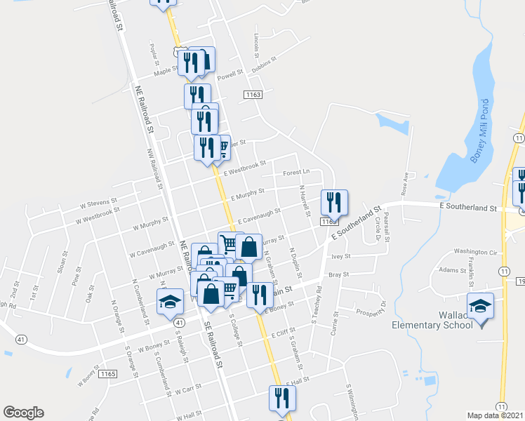 map of restaurants, bars, coffee shops, grocery stores, and more near 405 East Cavenaugh Street in Wallace