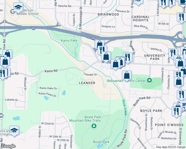 map of restaurants, bars, coffee shops, grocery stores, and more near 1502 Parham Pointe Drive in Little Rock