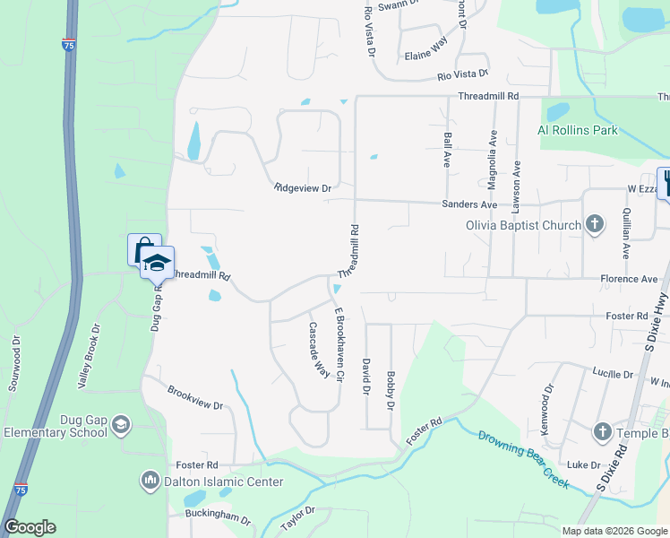 map of restaurants, bars, coffee shops, grocery stores, and more near 1660 Threadmill Road in Dalton