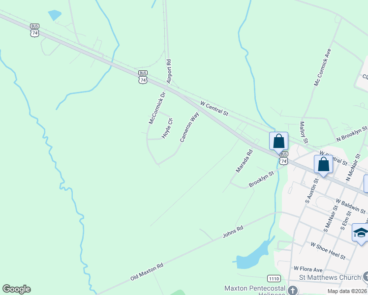 map of restaurants, bars, coffee shops, grocery stores, and more near 12101 Cameron Way in Maxton