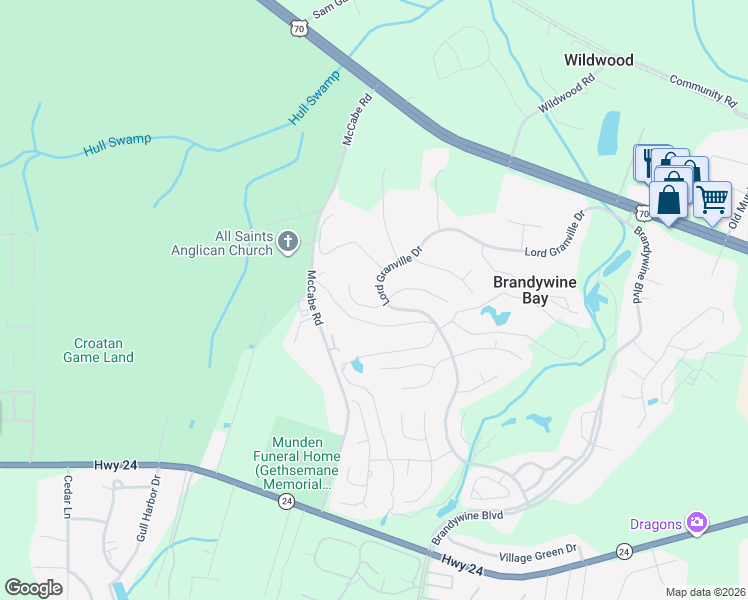 map of restaurants, bars, coffee shops, grocery stores, and more near 202 Westchester Drive in Morehead City