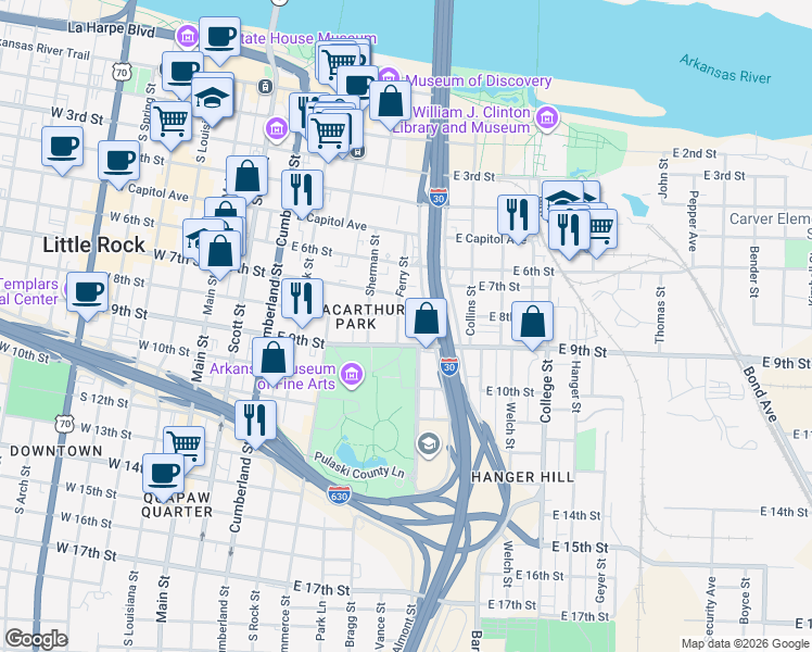 map of restaurants, bars, coffee shops, grocery stores, and more near 716 East 9th Street in Little Rock