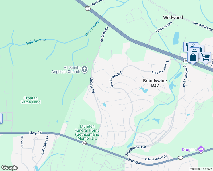 map of restaurants, bars, coffee shops, grocery stores, and more near 202 Westchester Drive in Morehead City