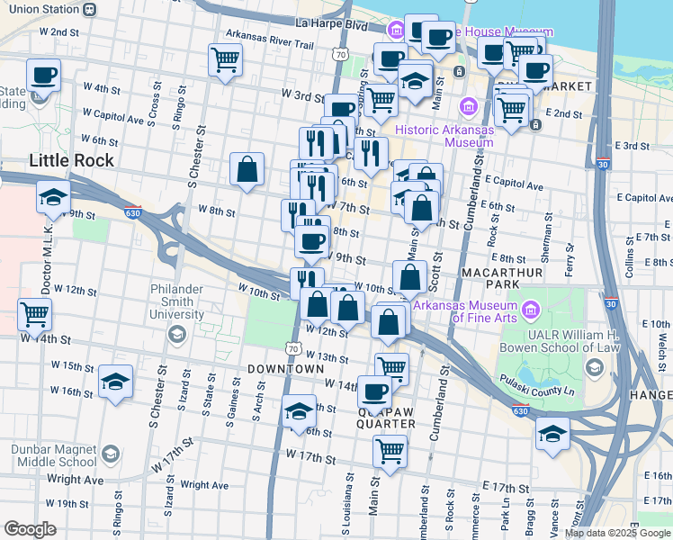 map of restaurants, bars, coffee shops, grocery stores, and more near 913 South Spring Street in Little Rock