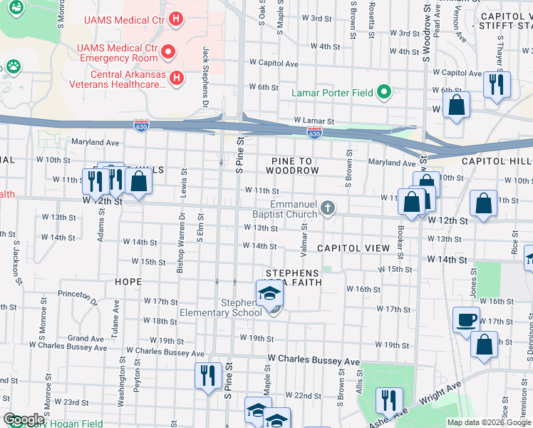 map of restaurants, bars, coffee shops, grocery stores, and more near 3709 West 12th Street in Little Rock