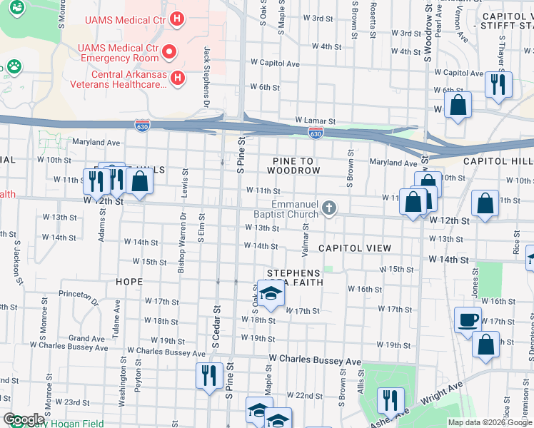 map of restaurants, bars, coffee shops, grocery stores, and more near 1212 South Valentine Street in Little Rock