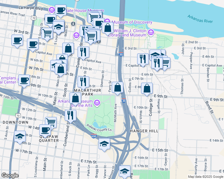 map of restaurants, bars, coffee shops, grocery stores, and more near 700 East 9th Street in Little Rock