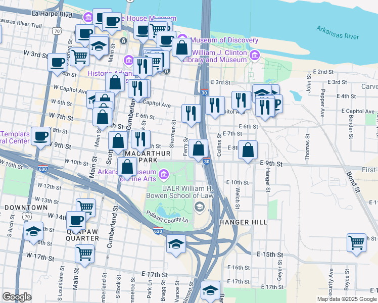 map of restaurants, bars, coffee shops, grocery stores, and more near 716 East 9th Street in Little Rock
