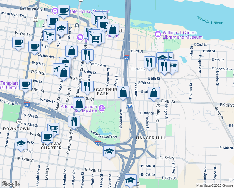 map of restaurants, bars, coffee shops, grocery stores, and more near 716 East 9th Street in Little Rock