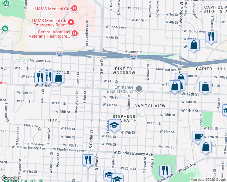 map of restaurants, bars, coffee shops, grocery stores, and more near 1212 South Valentine Street in Little Rock