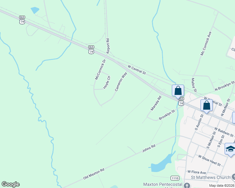 map of restaurants, bars, coffee shops, grocery stores, and more near 12101 Cameron Way in Maxton