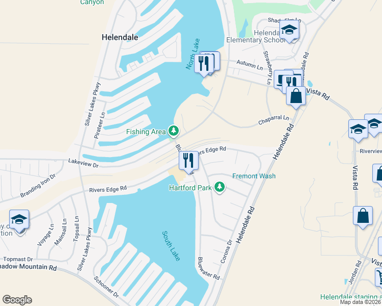 map of restaurants, bars, coffee shops, grocery stores, and more near 14682 Rivers Edge Road in Helendale