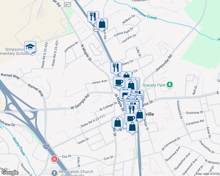 map of restaurants, bars, coffee shops, grocery stores, and more near 301 North Maple Street in Simpsonville