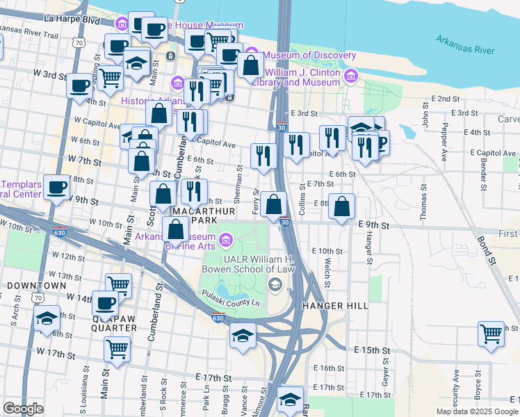 map of restaurants, bars, coffee shops, grocery stores, and more near 716 East 9th Street in Little Rock