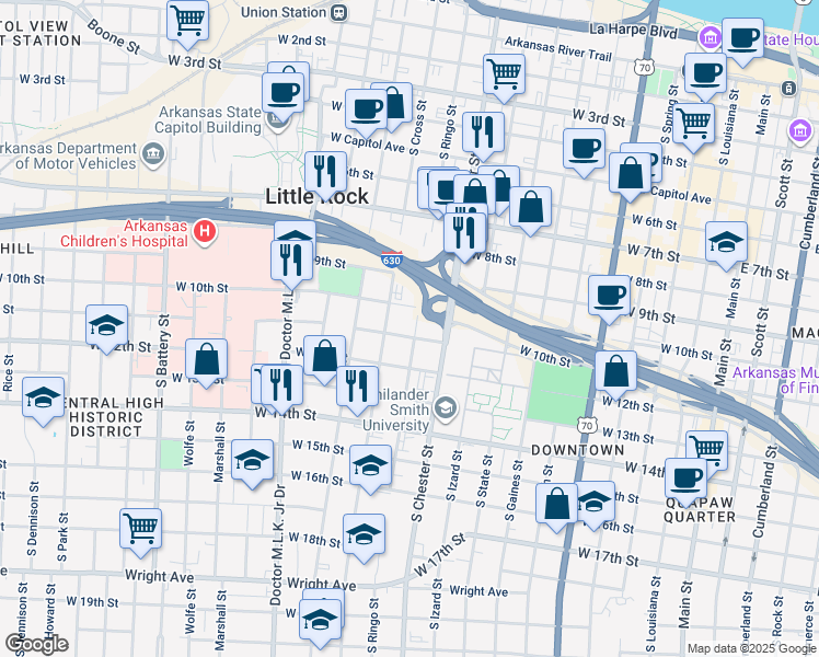 map of restaurants, bars, coffee shops, grocery stores, and more near 1020 South Ringo Street in Little Rock