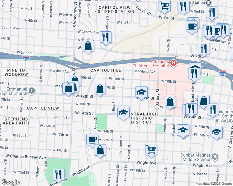 map of restaurants, bars, coffee shops, grocery stores, and more near 2320 West 12th Street in Little Rock