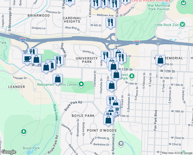 map of restaurants, bars, coffee shops, grocery stores, and more near 1319 South Cleveland Street in Little Rock
