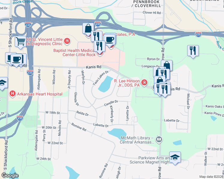 map of restaurants, bars, coffee shops, grocery stores, and more near 1415 East Twin Lakes Drive in Little Rock