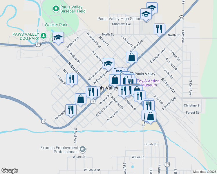 map of restaurants, bars, coffee shops, grocery stores, and more near 201 West Grant Avenue in Pauls Valley