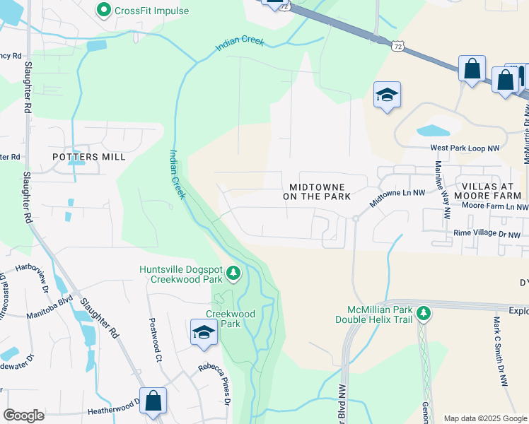 map of restaurants, bars, coffee shops, grocery stores, and more near 6442 Midtowne Lane Northwest in Huntsville