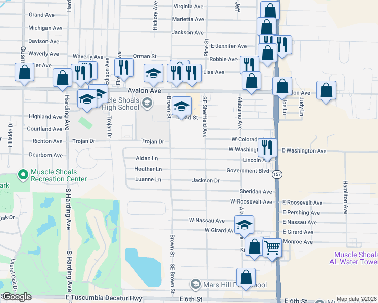map of restaurants, bars, coffee shops, grocery stores, and more near 301-399 Lincoln Ave in Muscle Shoals