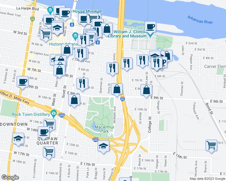 map of restaurants, bars, coffee shops, grocery stores, and more near 716 East 9th Street in Little Rock