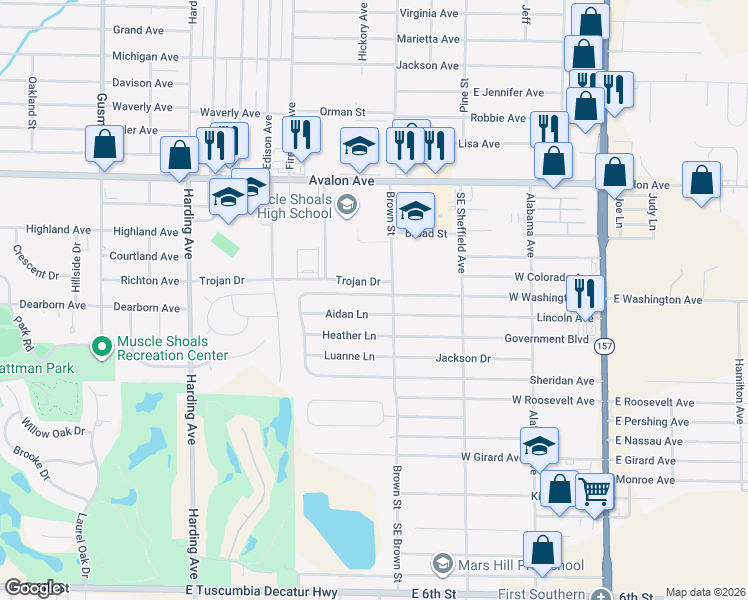 map of restaurants, bars, coffee shops, grocery stores, and more near 104 Aidan Lane in Muscle Shoals