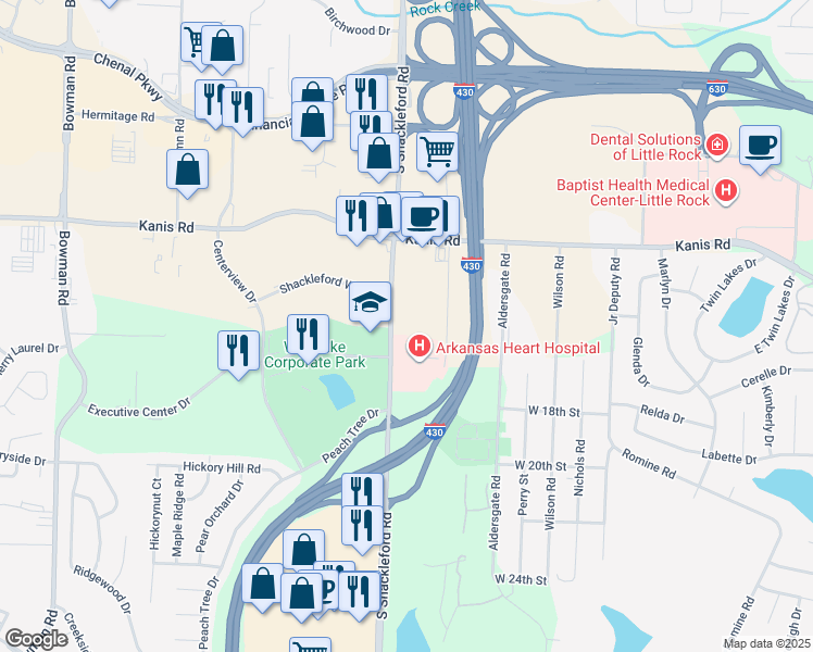 map of restaurants, bars, coffee shops, grocery stores, and more near 1401 South Shackleford Road in Little Rock