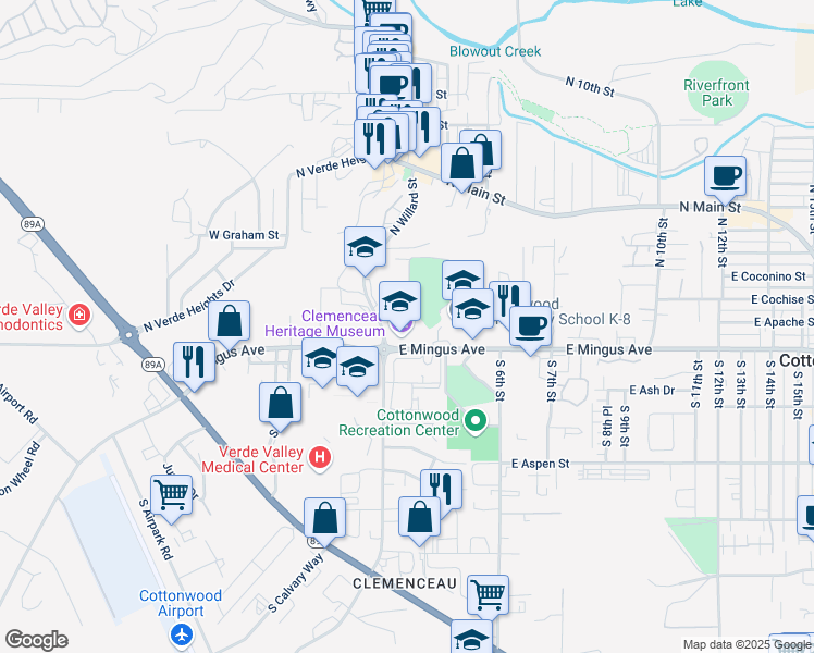 map of restaurants, bars, coffee shops, grocery stores, and more near 1 North Willard Street in Cottonwood