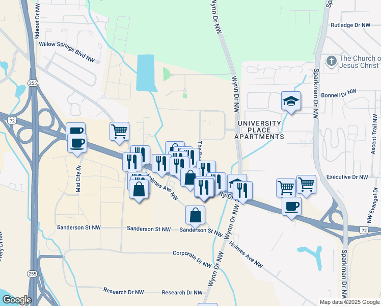 map of restaurants, bars, coffee shops, grocery stores, and more near 1565 The Boardwalk in Huntsville