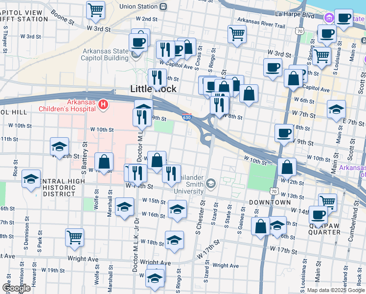 map of restaurants, bars, coffee shops, grocery stores, and more near 1217 West 11th Street in Little Rock
