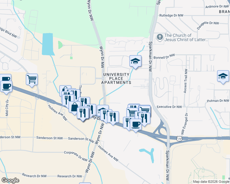 map of restaurants, bars, coffee shops, grocery stores, and more near 650 Wynn Drive Northwest in Huntsville