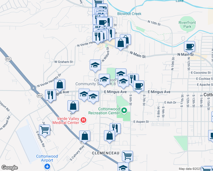 map of restaurants, bars, coffee shops, grocery stores, and more near in Cottonwood