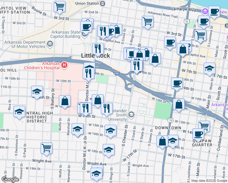 map of restaurants, bars, coffee shops, grocery stores, and more near 1217 West 11th Street in Little Rock