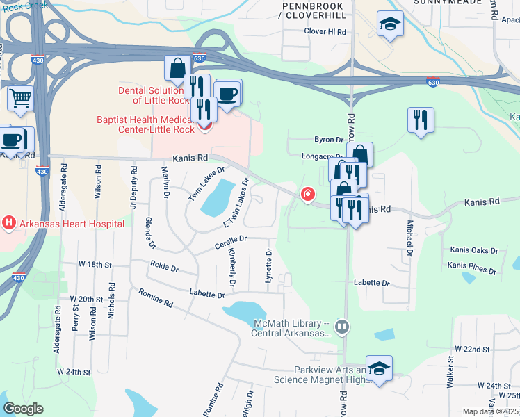 map of restaurants, bars, coffee shops, grocery stores, and more near 9300 Cerelle Drive in Little Rock
